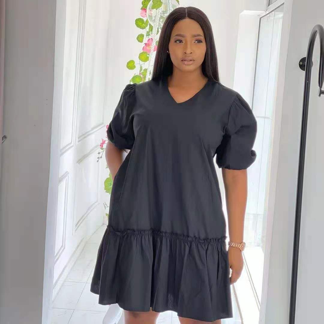 Summer Womens Dress Solid Color V Neck Ruffle Short Sleeves Casual Wear for Parties or Outings Wholesale Available