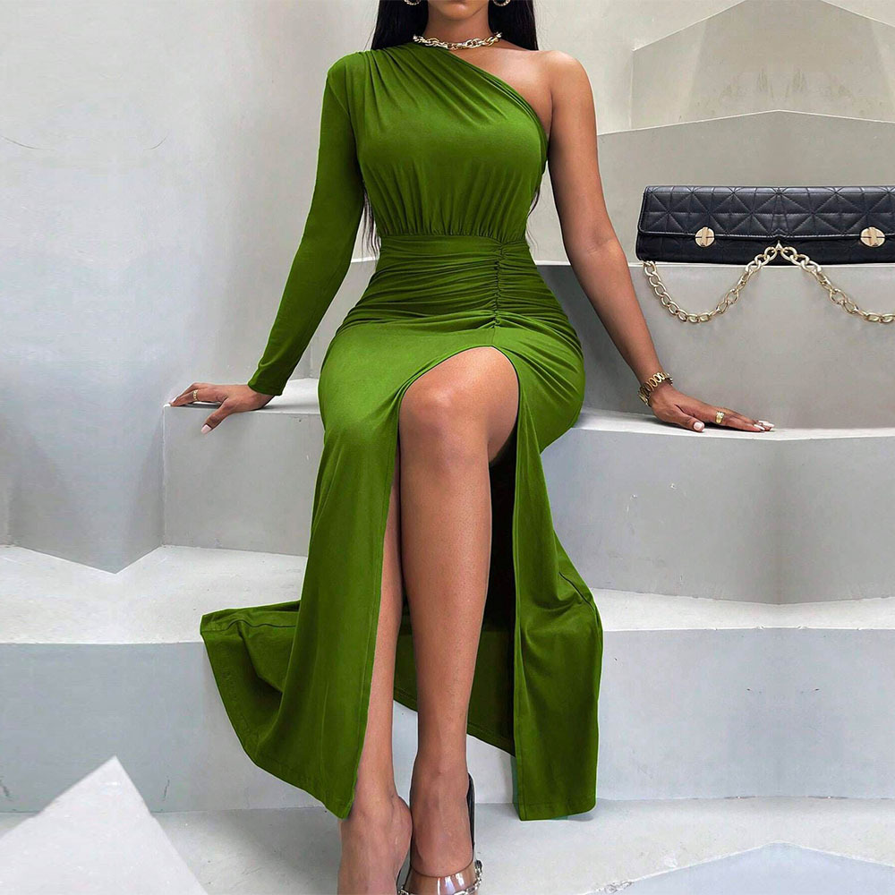 Elegant High Slit Dress Ruched Form Fitting Long Length Autumn Winter Evening Wear Wholesale Available