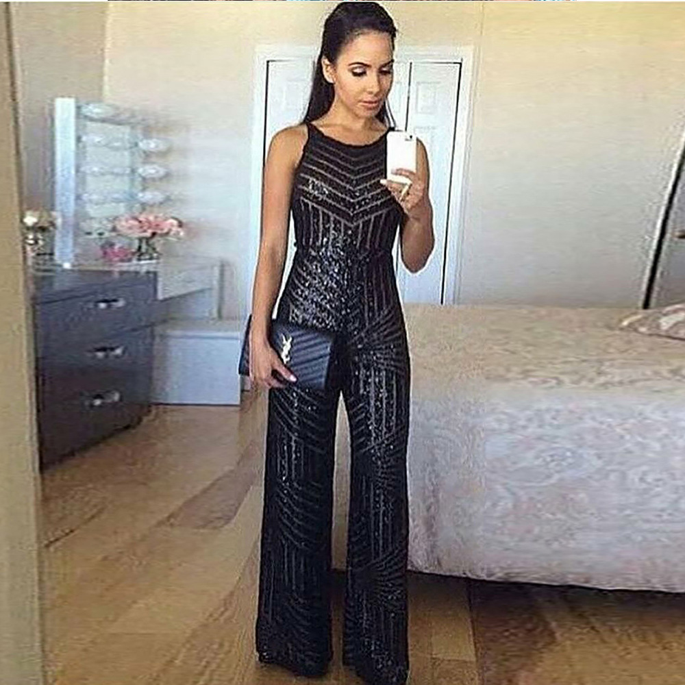 Womens Sequin Jumpsuit Sleeveless Round Neck High Waist Wide Leg Nightclub Party Wear Wholesale Available