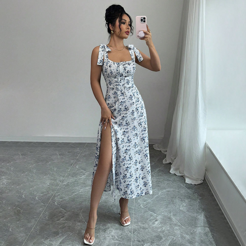 Sweet Square Neck Floral Print Sleeveless Split Long Dress for Summer