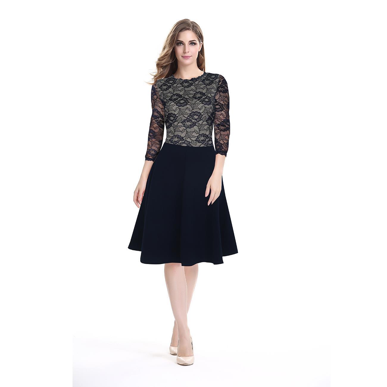 Summer Womens Patchwork Cotton Midi Dress Elegant Style Round Neck Flared Hem Wholesale Available