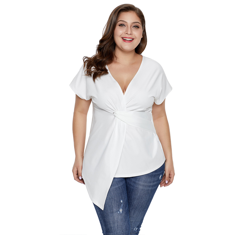 Womens Summer Loose V Neck Short Sleeve T Shirt Twist Knot Design High Low Hem Plus Size Casual Wear Wholesale