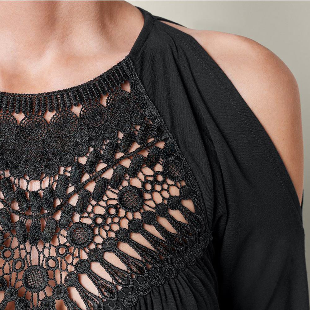 Womens Casual T Shirt Solid Color Lace Panel Slim Fit Round Neck Perfect for Everyday Wear Wholesale Available
