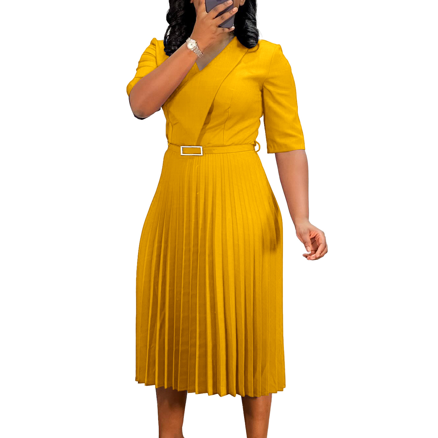 Fashionable Women's Solid Color V Neck Dress with Pleated Design for African Cross Border Trade, Elegant and Stylish Look