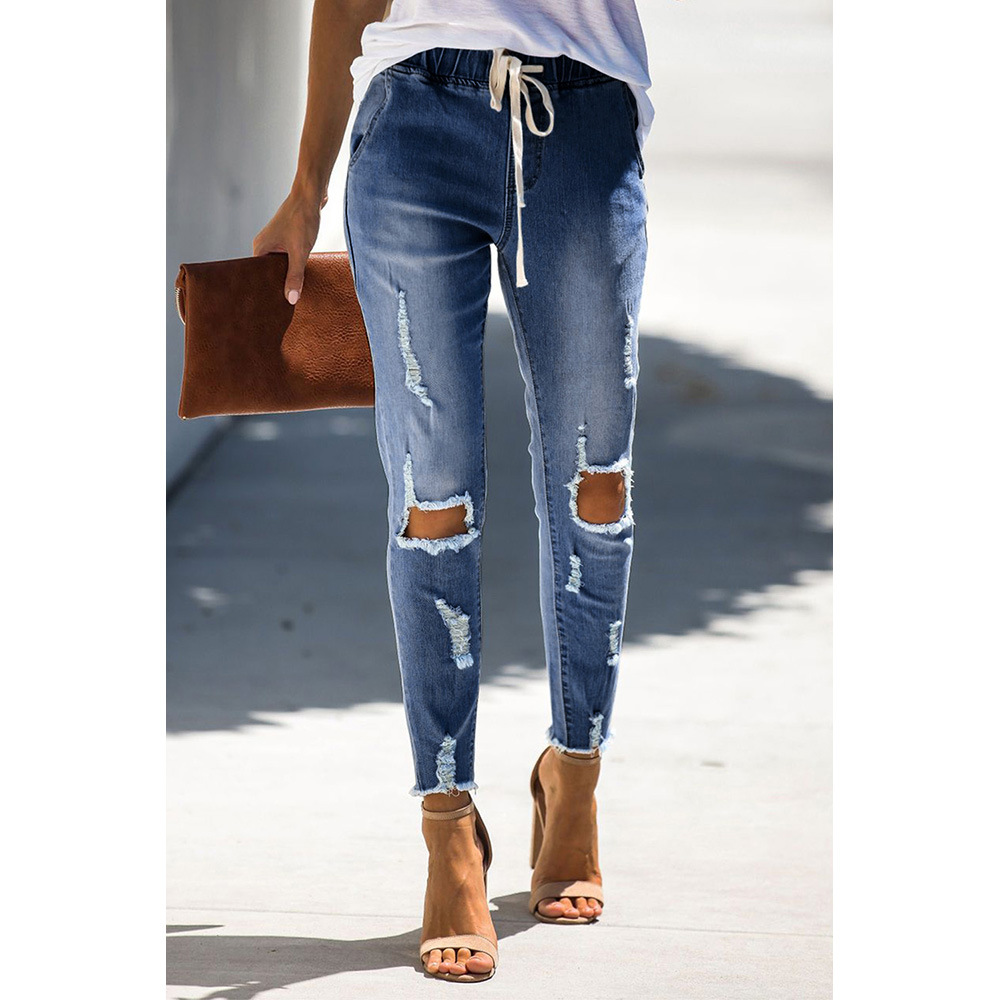 High Waisted Womens Denim Jeans Elastic Waist Drawstring Knee Ripped Frayed Hem Skinny Fit Casual Spring Fall