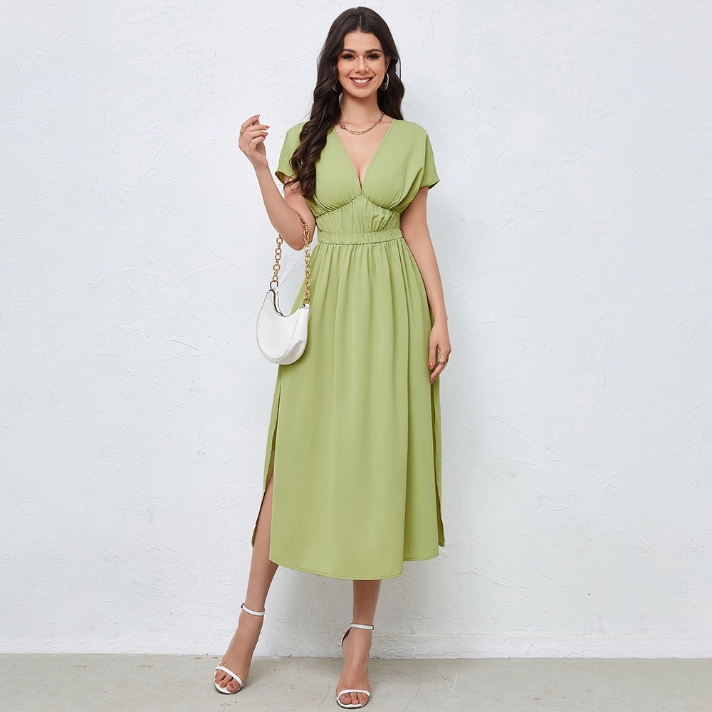 European and American Market Sexy V Neck Dress — Spring New Arrival, Backless, High Waist, Solid Color, A Line Skirt — Casual