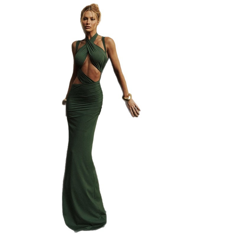 European and American Cross Border Autumn Winter New Women's Sexy Hollow Out Spliced Bodycon Mermaid Dress for Slim Fit