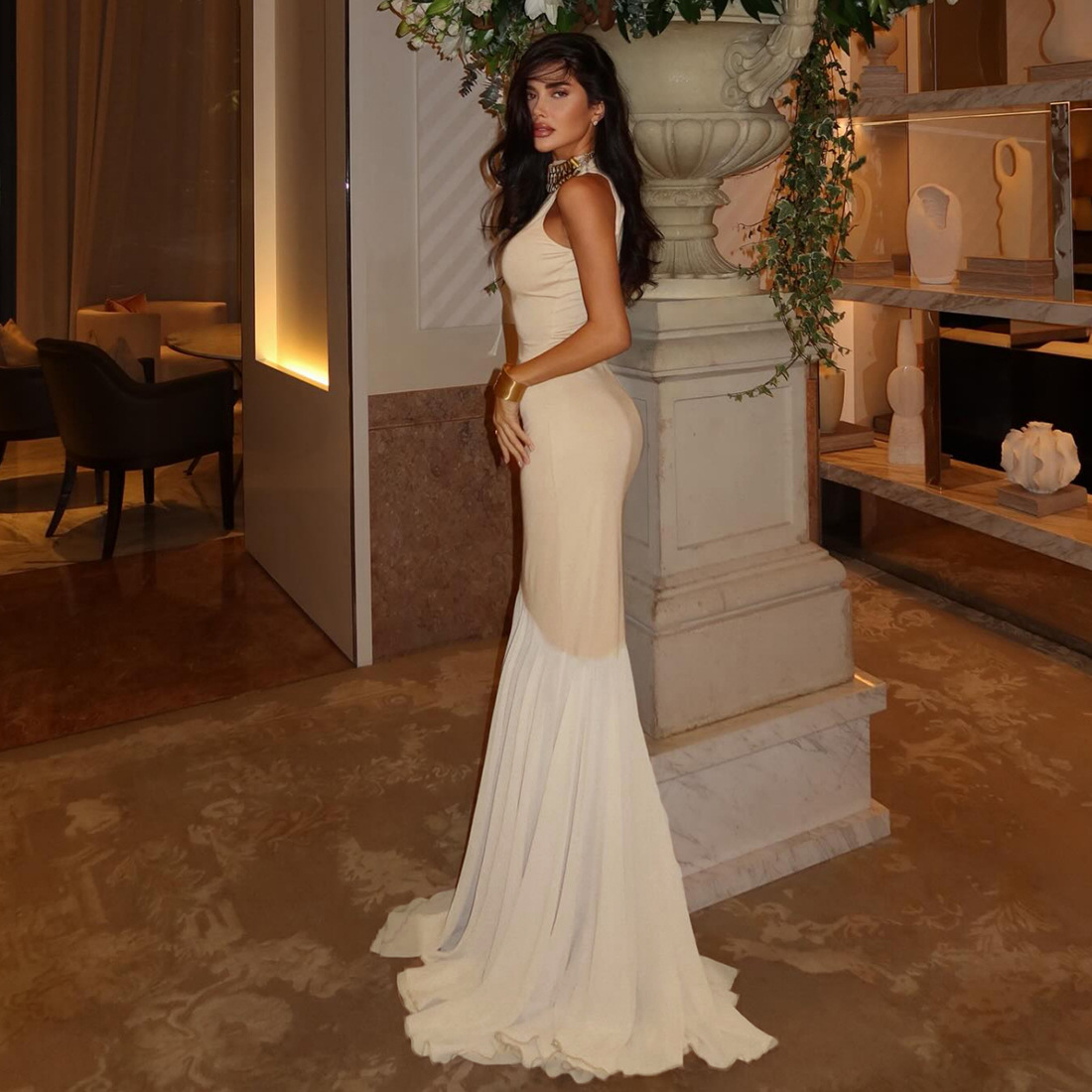 European and American Cross border New Autumn and Winter Women's Fashion Mesh Sleeveless Splicing Sexy Slimming Mermaid Dress