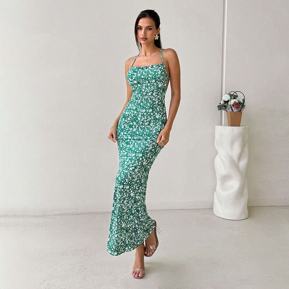 Summer Sexy Backless Mermaid Long Dress Casual Vacation Date Music Festival Floral Spaghetti Strap Dress