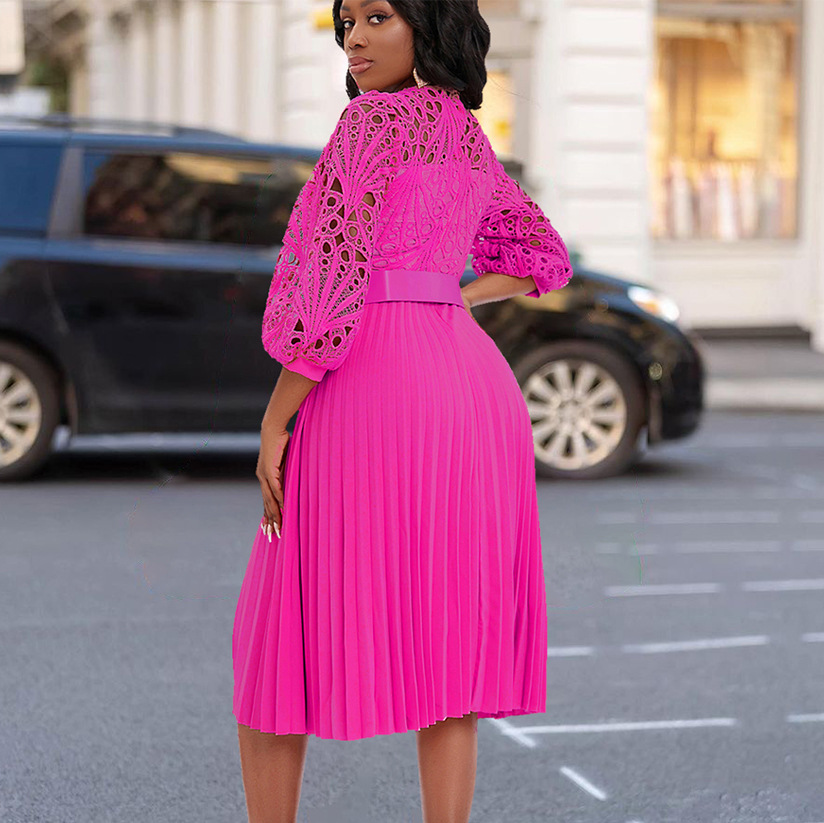 European and American Women's Clothing Summer New Elegant Lace Splicing Pleated Hollow Sexy Plus Size Foreign Trade African Dres