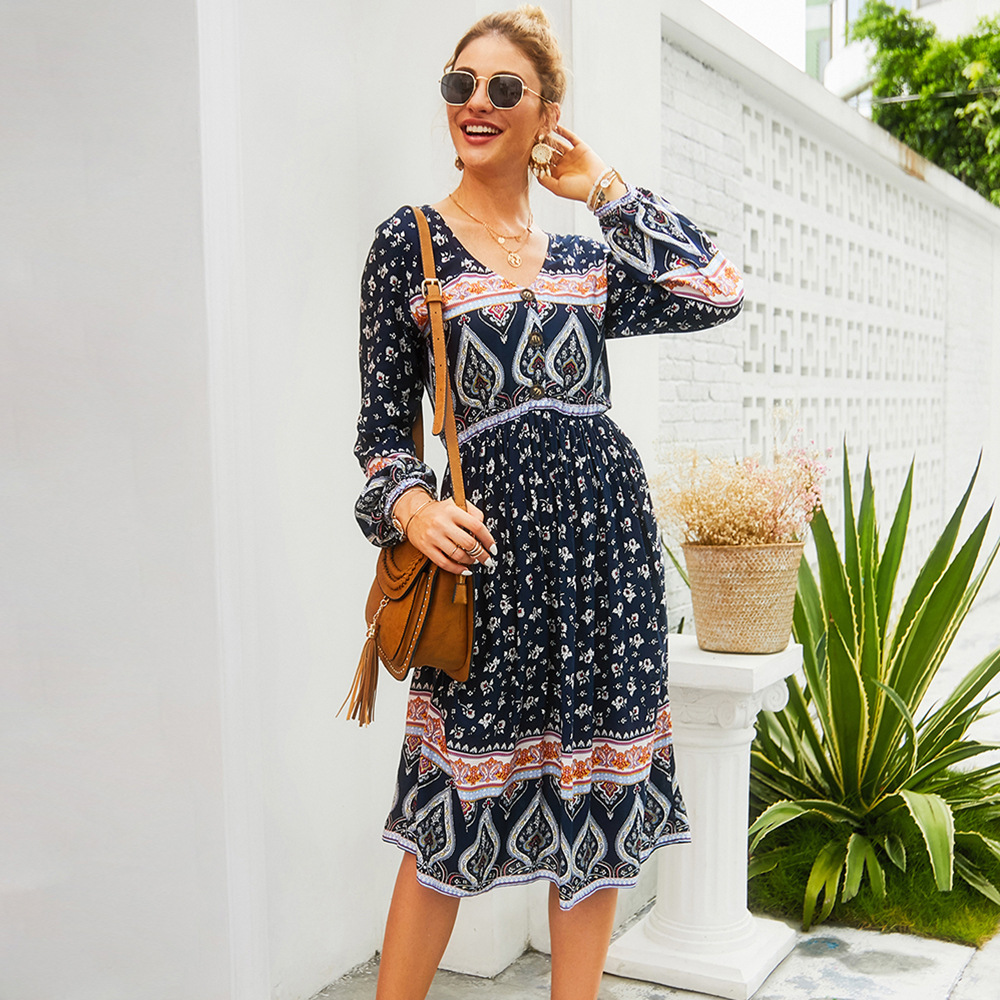 Bohemian Floral Print Maxi Dress Long Sleeve Original Design Summer Vacation Style Wholesale Available