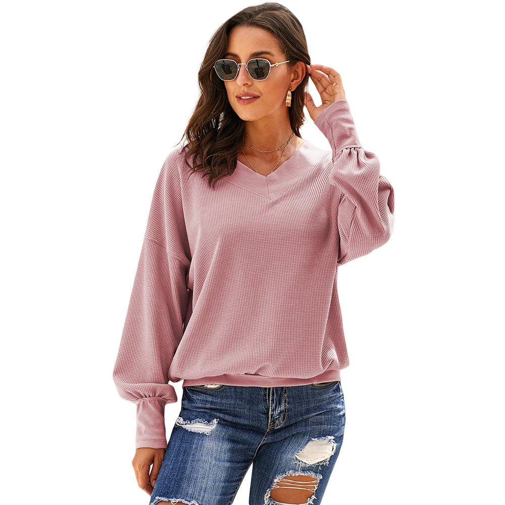Loose Fit Long Sleeve Womens T Shirt Solid Color V Neck Casual Style Plus Size Autumn Collection Wholesale
