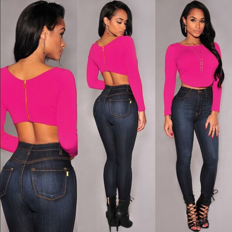 Slim Fit Fashionable Long Sleeve Cotton Top with Metal Zipper 6 Colors Sexy Round Neck Casual Wear Wholesale Available