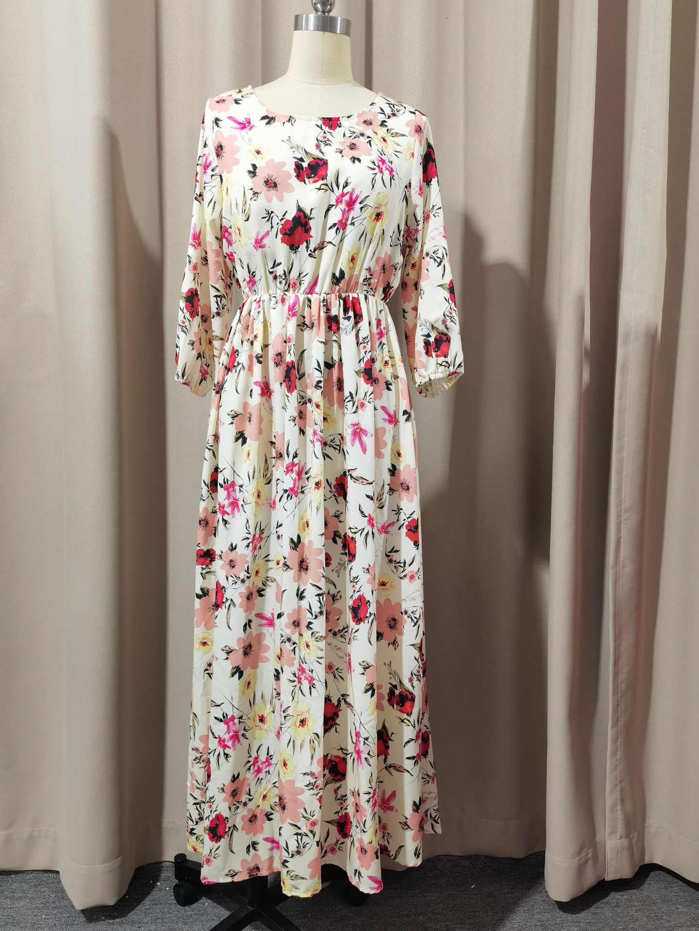 Printed Long Dress European and American Foreign Trade French Commuter Style Vintage Flared Round Neck Floral Dress
