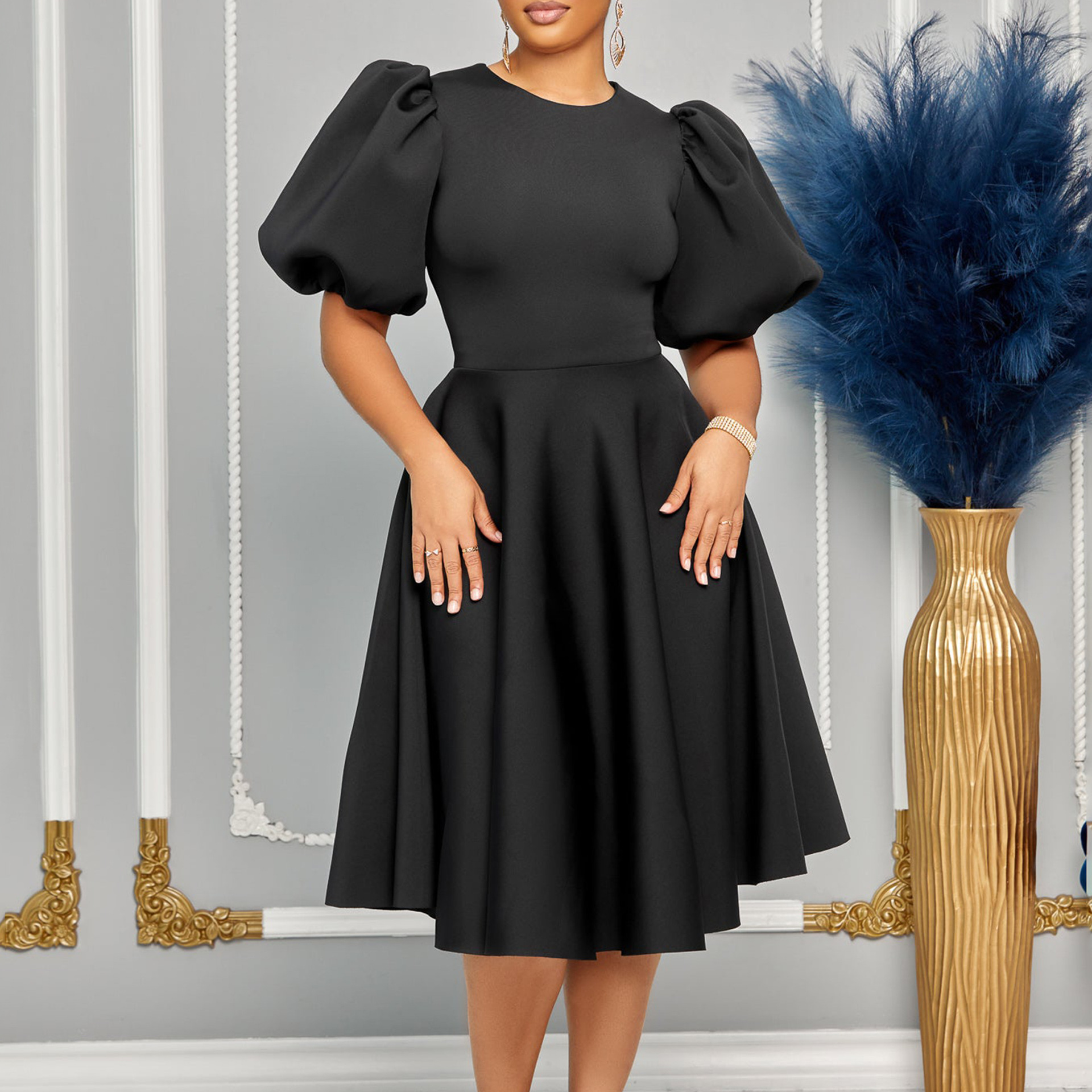 European and American Markets A Line Dress — Round Neck, Puff Sleeves, Waist Cinched, Flared Skirt — Formal Occasion — Wholesa