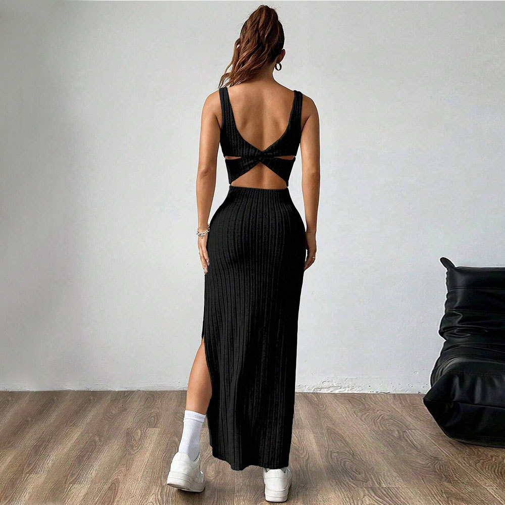 Summer Casual Sleeveless Dress High Waist Slit Long Dress