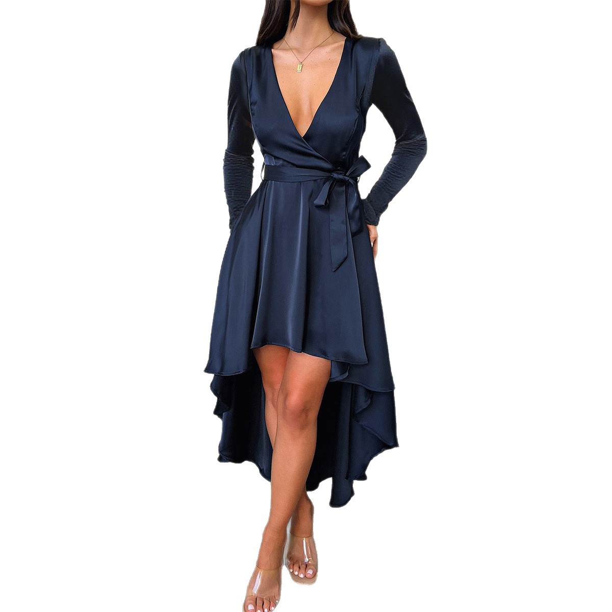 Elegant Tie Waist Floral Long Dress for Women Autumn Winter