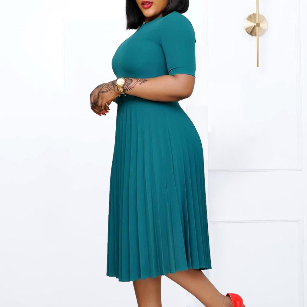 New Women's Mid Length Pleated Skirt with Round Neck, Plus Size African Dress for Cross Border Fashion in Europe and America