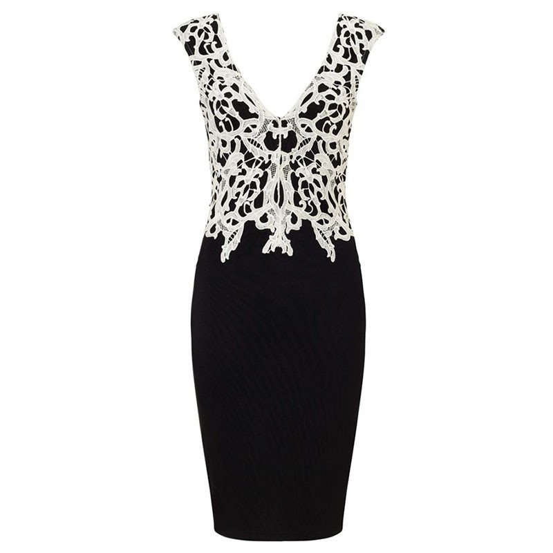 Womens Sexy V Neck Lace Patchwork Midi Dress Slim Fit Pencil Silhouette Elegant Design Perfect for Parties and