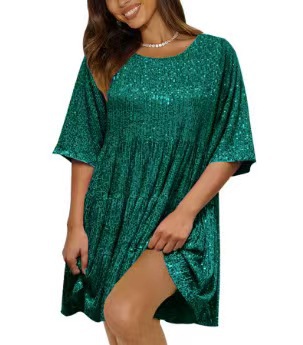 Sequin A Line Mini Dress Round Neck Short Sleeve Loose Fit Party Wear Evening Gown Wholesale Available