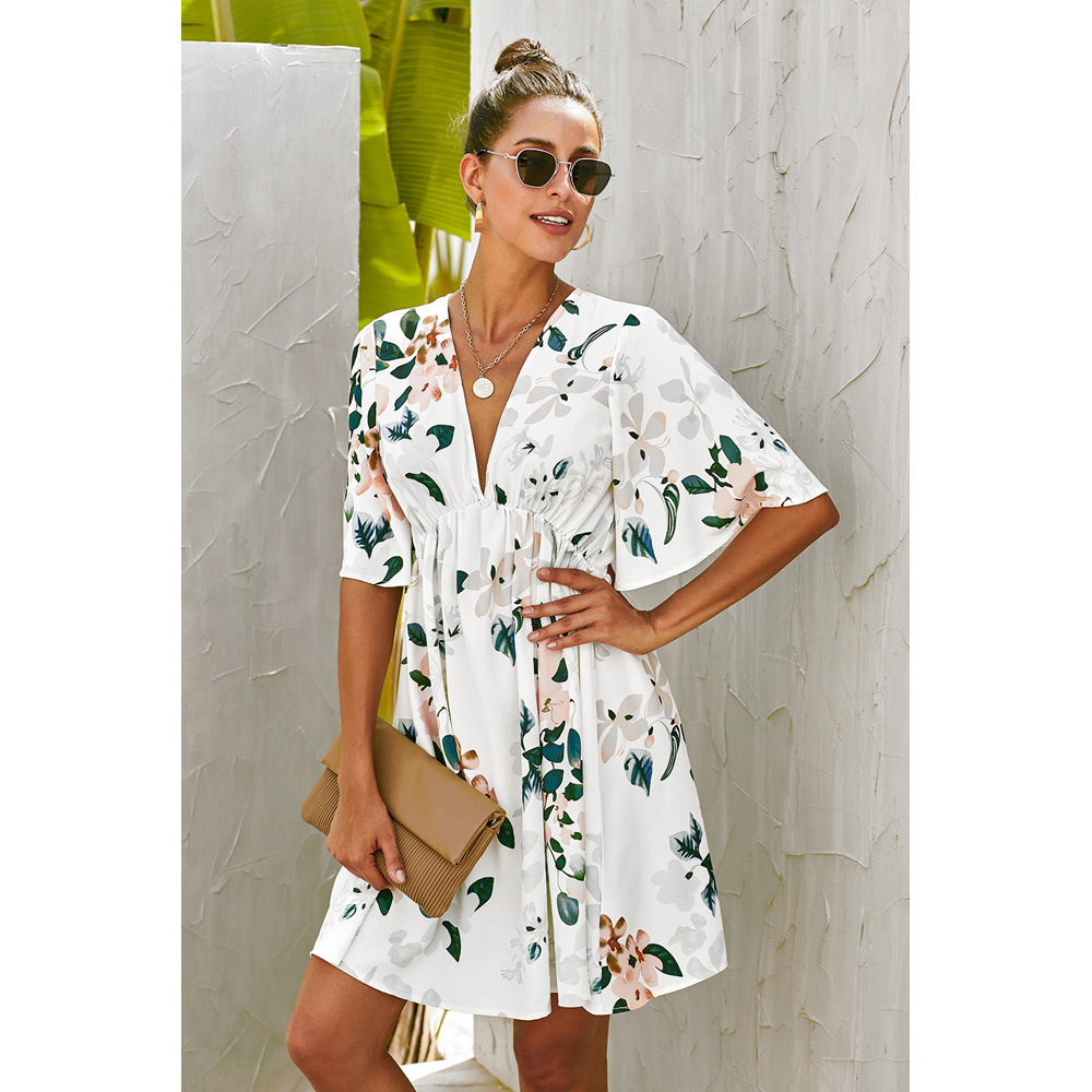 Summer Floral Print Dress for Women Sexy V Neck Waist Defining Short Sleeves Vacation Style Wholesale Available