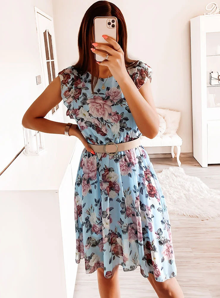 Summer Floral Print Chiffon Dress Ruffle Short Sleeves Elegant Design Lightweight Fabric Perfect for Vacation