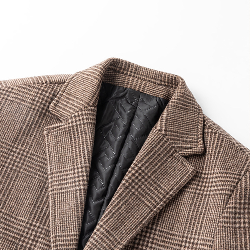 Mens Mid Length Plaid Wool Blend Overcoat Thickened Warm Stylish Perfect for Autumn and Winter Wholesale Available
