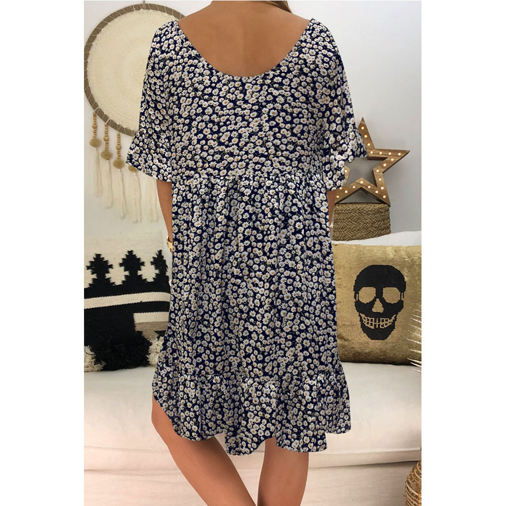 Loose A Line Dress Floral Print Ruffle Short Sleeves Round Neck Summer Casual Wear Wholesale Available