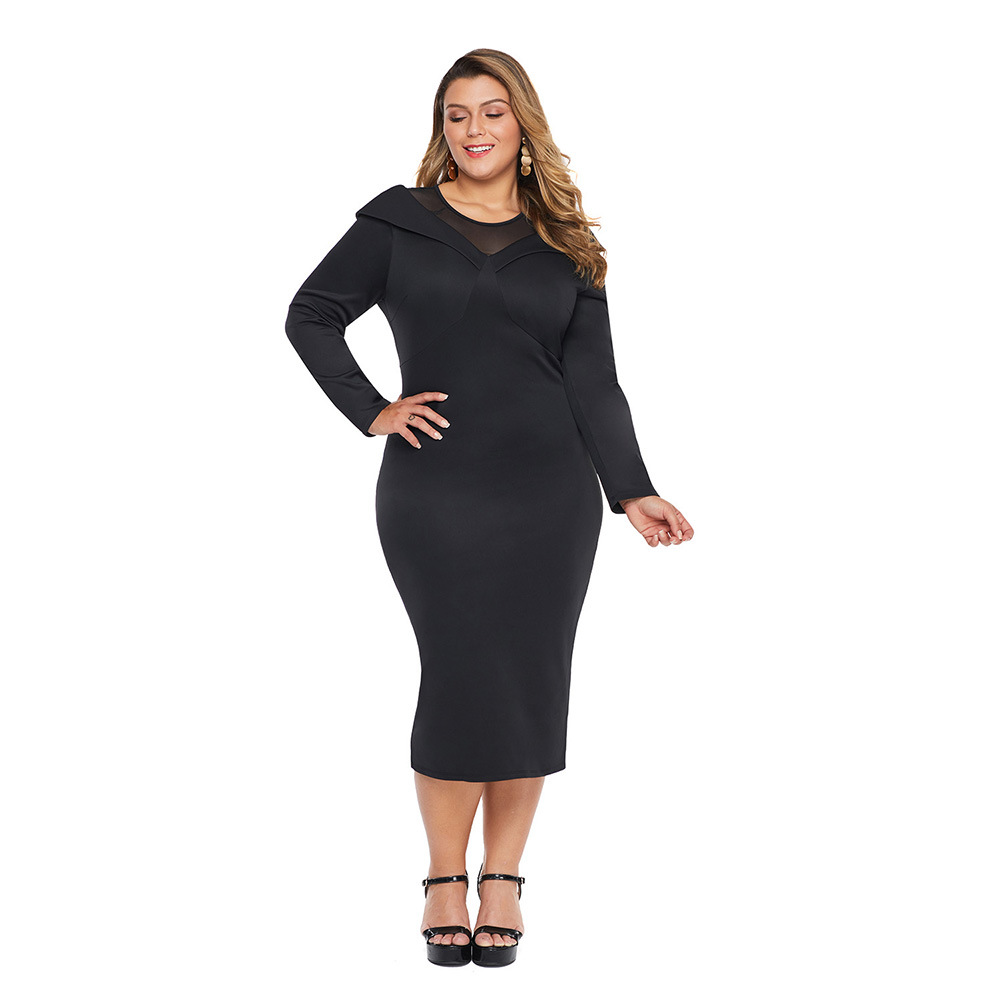 Plus Size Womens Elegant Sexy Evening Dress Autumn Collection Mesh Paneling Midi Length Perfect for Formal Occasions