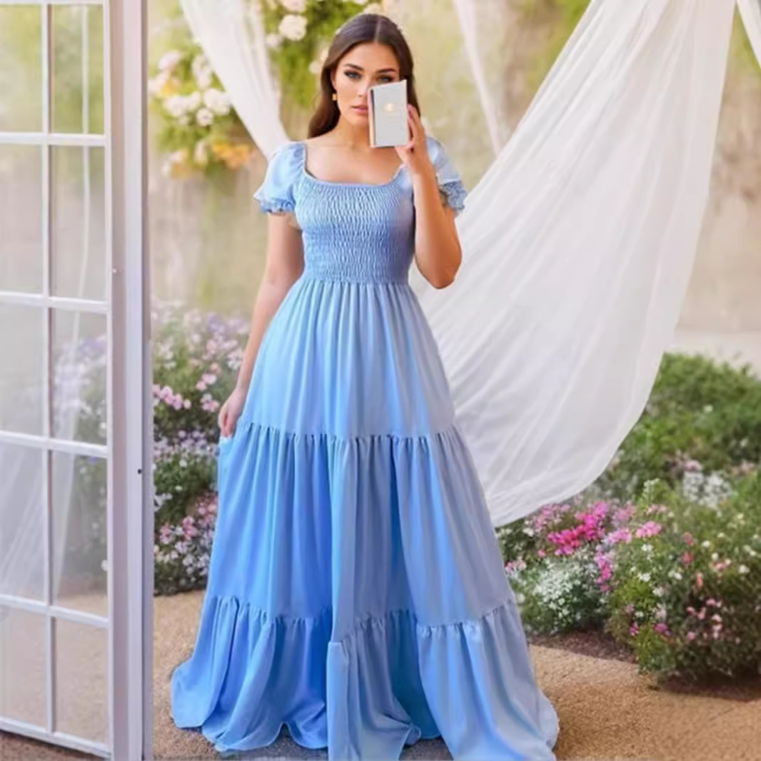 European and American Cross border Hot Selling Commuter Solid Color Square Neck Spliced Long Skirt Dress