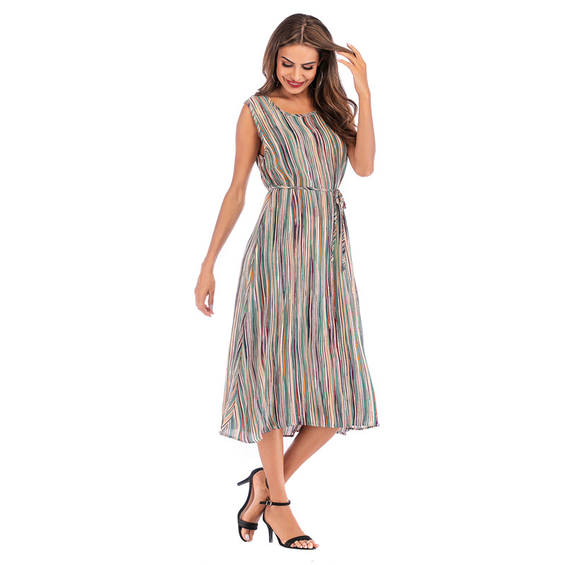 Sleeveless Round Neck Colorful Striped Print Dress Summer Fashion Casual Style Comfortable Fit Wholesale Available