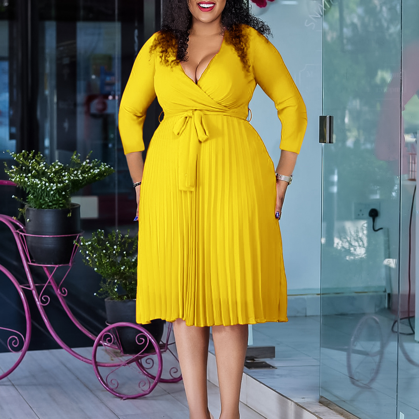 Fashionable Women's Casual Elegant Solid Color V Neck Long Sleeve Pleated Dress for Cross Border Trade