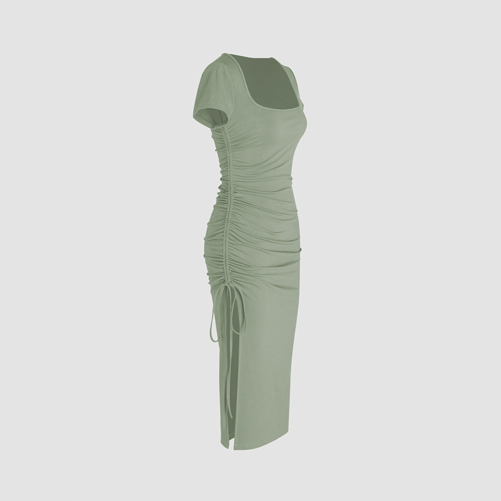 Elegant Slim Fit Side Slit Knitted Pencil Dress with Square Neck and High Waist