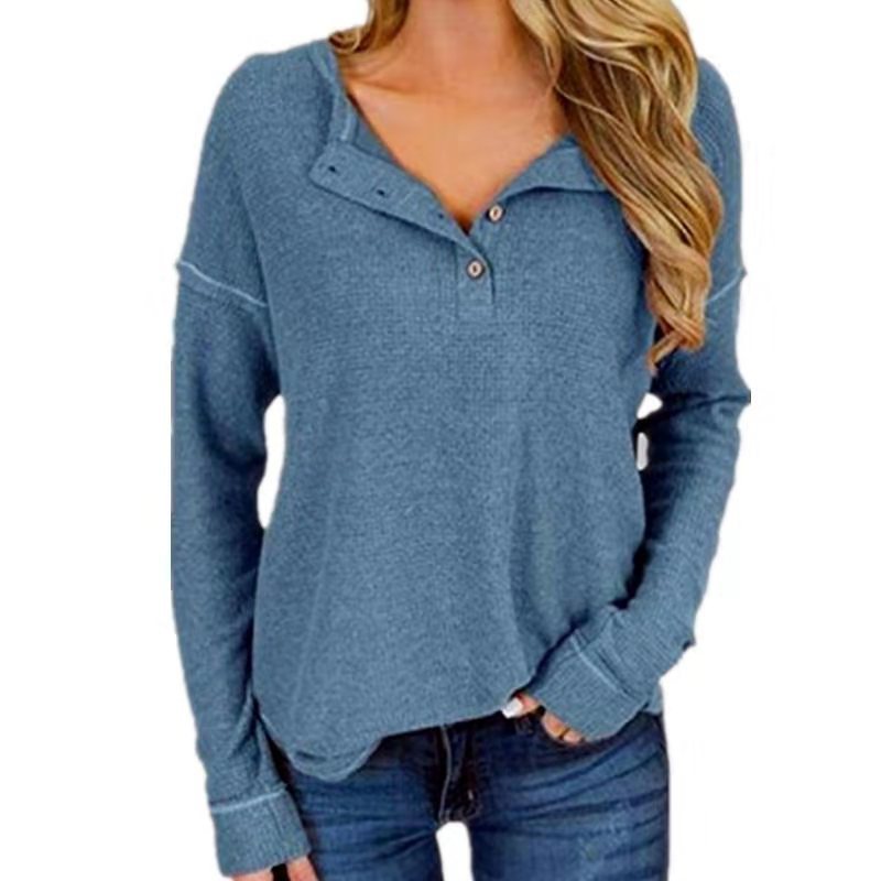 Waffle Knit Long Sleeve T Shirt for Women V Neck Button Detail Casual Style Wholesale Available
