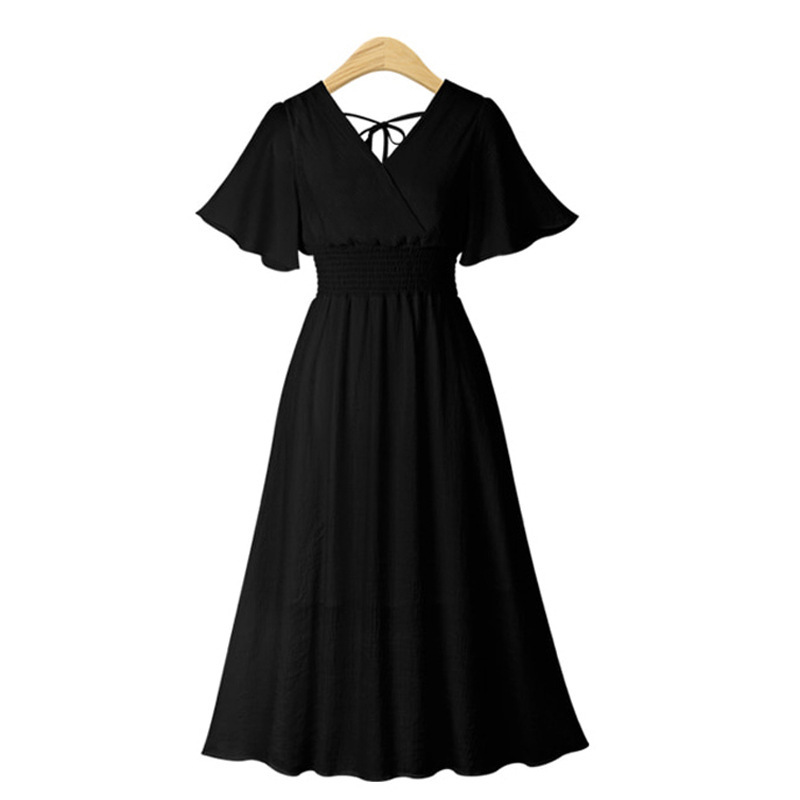 Chiffon Floral Print Dress V Neck Flared Sleeves Slim Fit Summer Casual Wear Wholesale Available