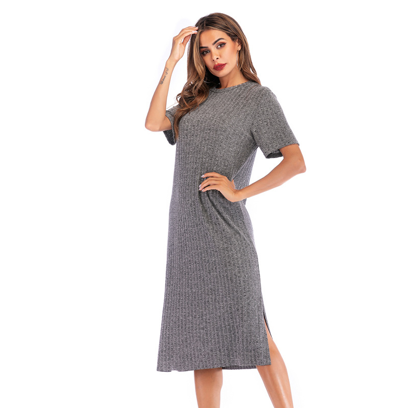Womens Casual Solid Color Short Sleeve Round Neck Split Hem Dress Autumn Fashion Wholesale Available