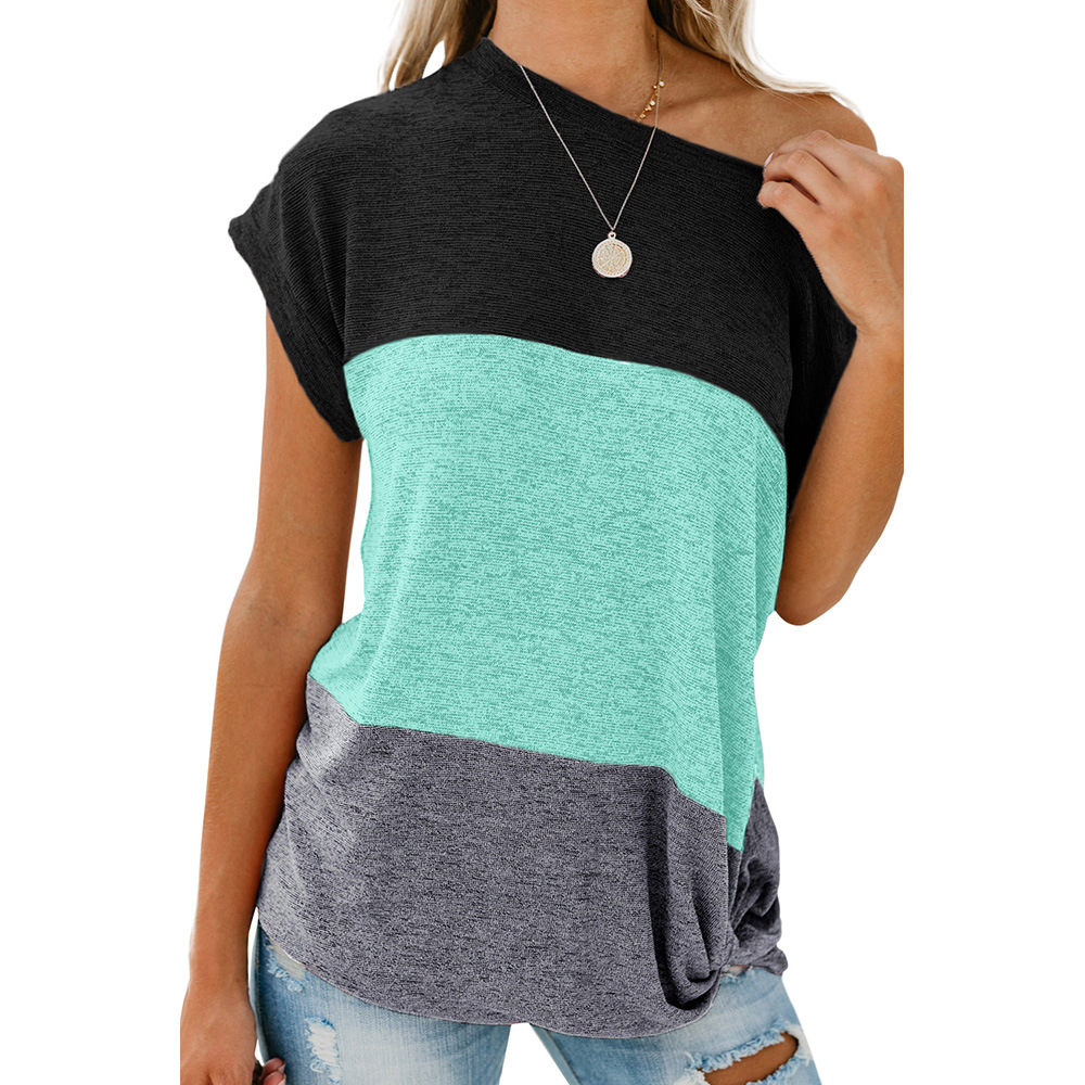 Color Block Asymmetrical Neck Short Sleeve Top Loose Fit Casual Style Perfect for Spring and Summer Wholesale