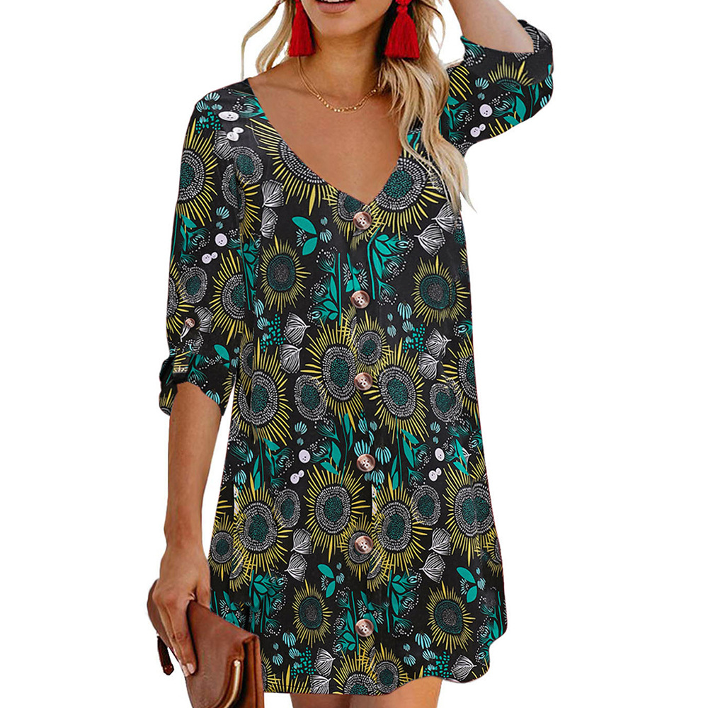 Floral Print Midi Dress for Women Plus Size Casual Three Quarter Sleeve V Neck Autumn Collection Wholesale