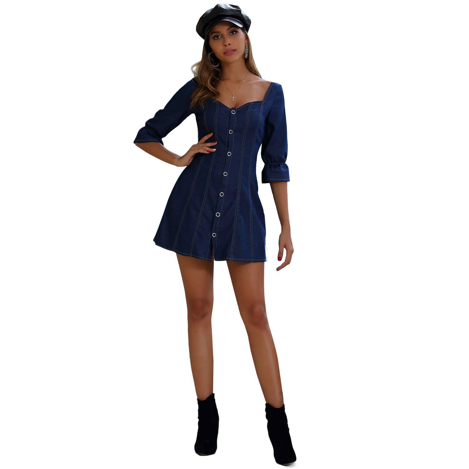 A Line Denim Dress Square Neck Princess Sleeves Mid Length Casual Wear for Women Wholesale Available