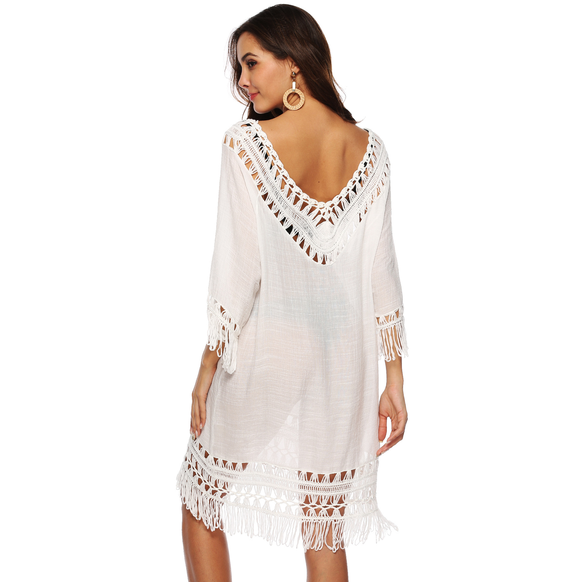 Deep V Hollow Out 3 4 Sleeve Fringe Patchwork Irregular Beach Cover Up Dress Lightweight Stylish Summer Essential