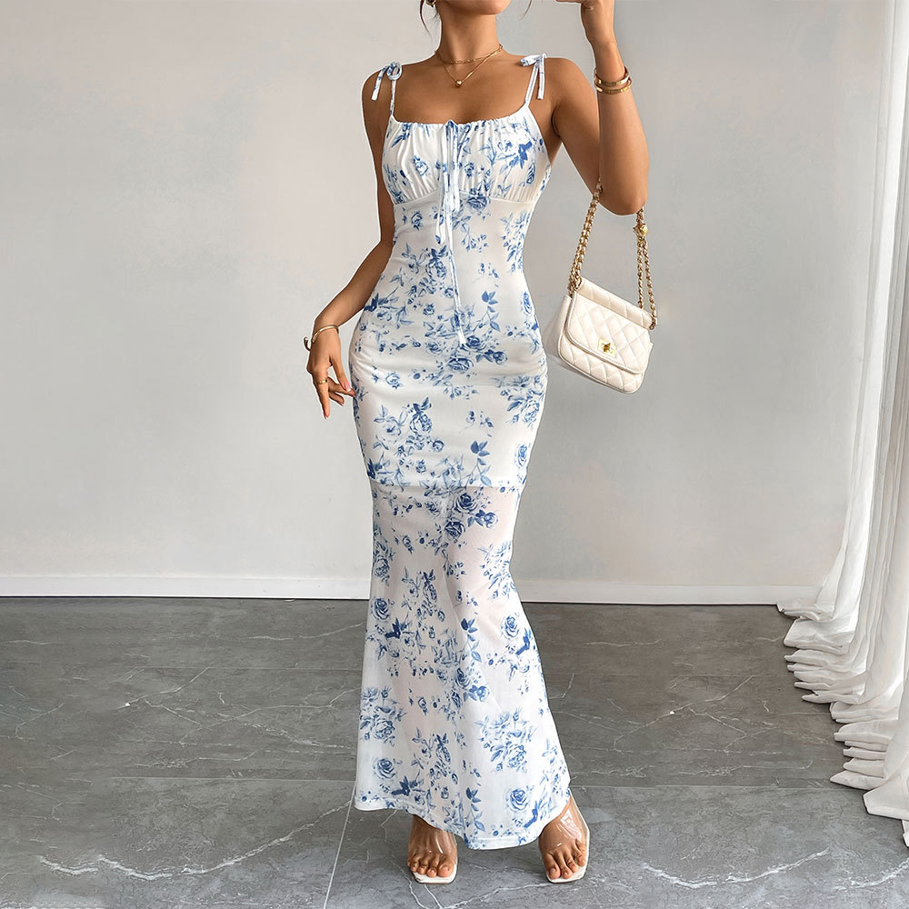 Fashionable Sleeveless Floral Print Dress High Waist Casual Long Dress for Summer