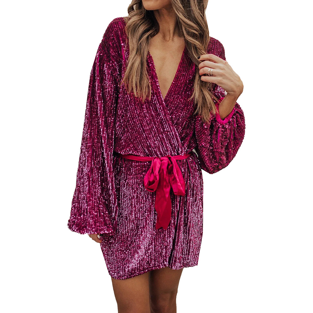 Sequin Mini Dress Deep V Neck Long Sleeve Wrap Style Winter Fashion for Parties Wholesale Available