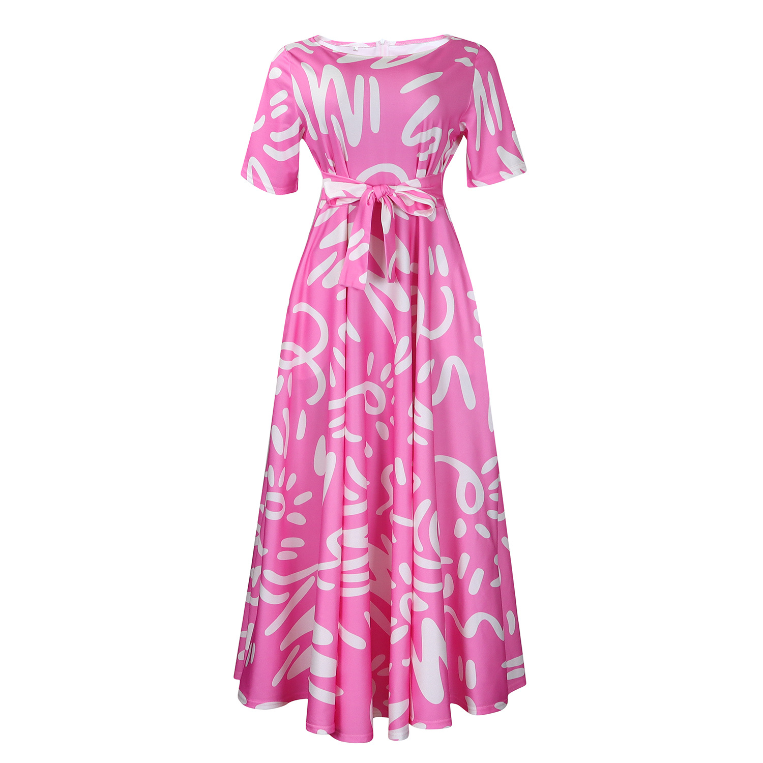 Fashionable Women's Short Sleeve Dress with African Print, Elegant Tie Design, Flared Hem, Ideal for Cross Border Trade