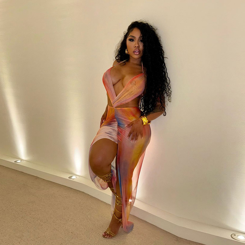 European and American Style Summer New Women's Sexy Halter Backless Tie Dye Printed Mesh Splicing Dress