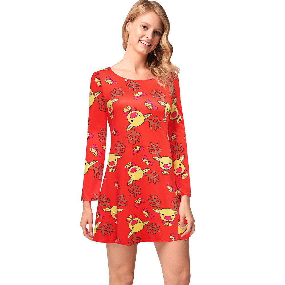 Womens Long Sleeve Christmas Dress Cartoon Print Mid Length Autumn Winter Style Wholesale Available