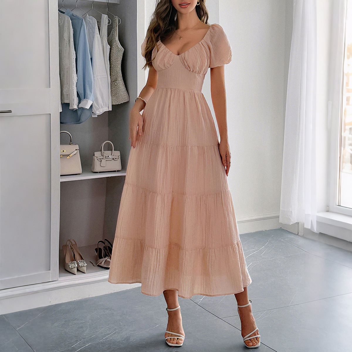 Casual Vacation Waist Tied A Line Long Dress for Women Summer