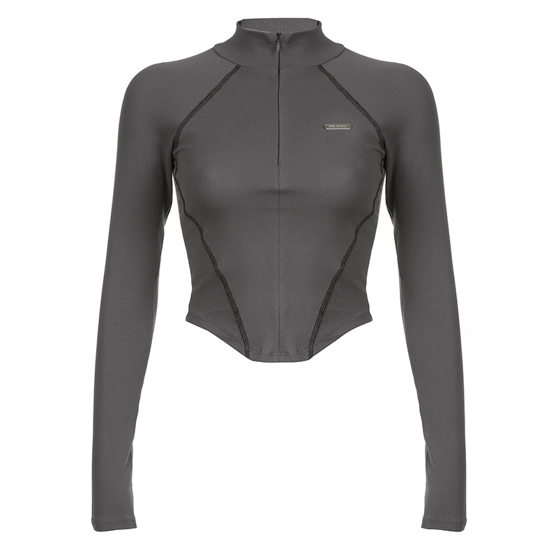 Womens T Shirt Invisible Zipper Stand Collar Contrast Stitching Street Fashion for Fall Winter Wholesale Available