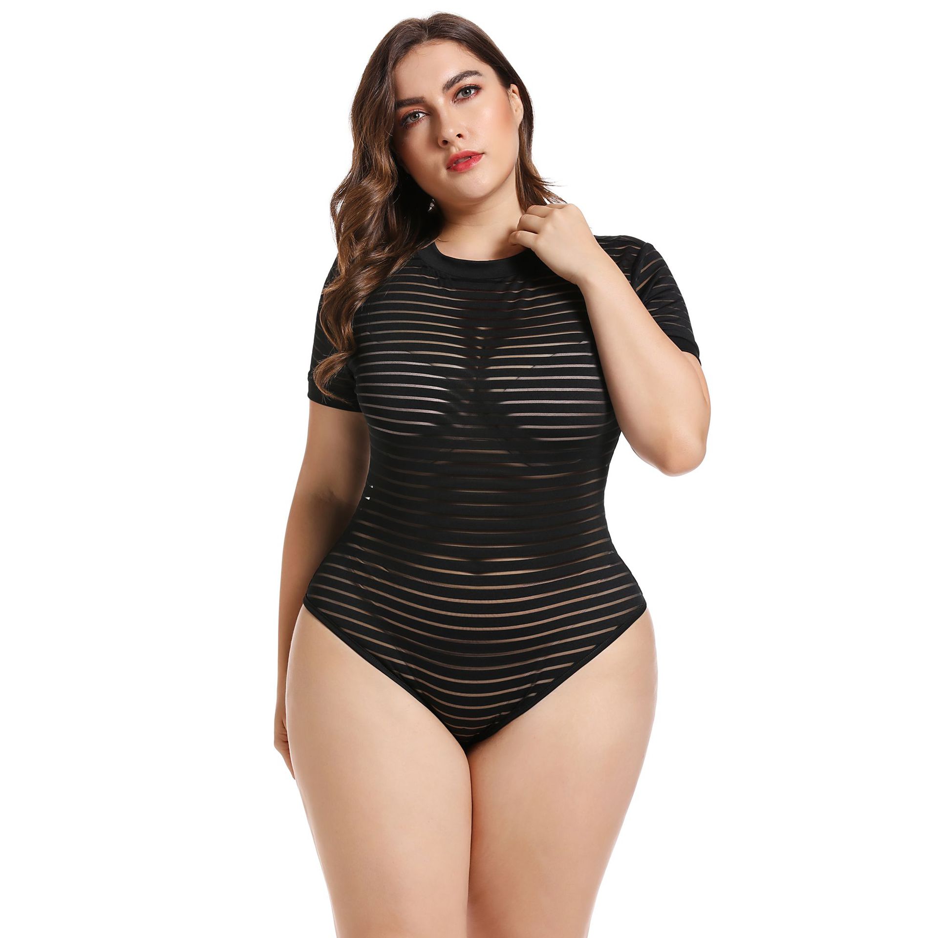 Plus Size Womens Sheer Beach Jumpsuit Round Neck Short Sleeve Fashionable Design Perfect for Summer Outings