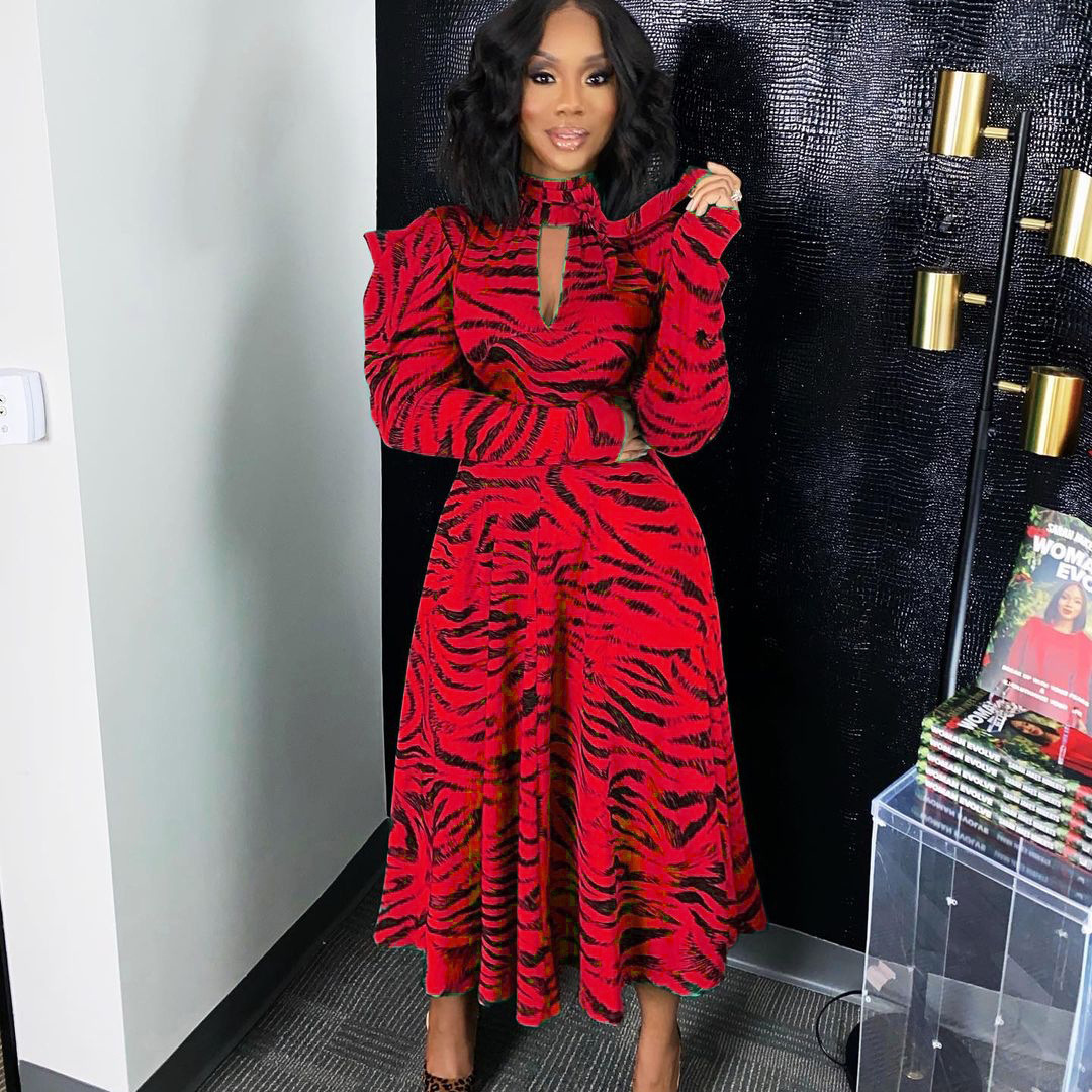 D3065M Women's Autumn Winter Elegant Commuter Long Sleeve High Waist Flared Printed Dress