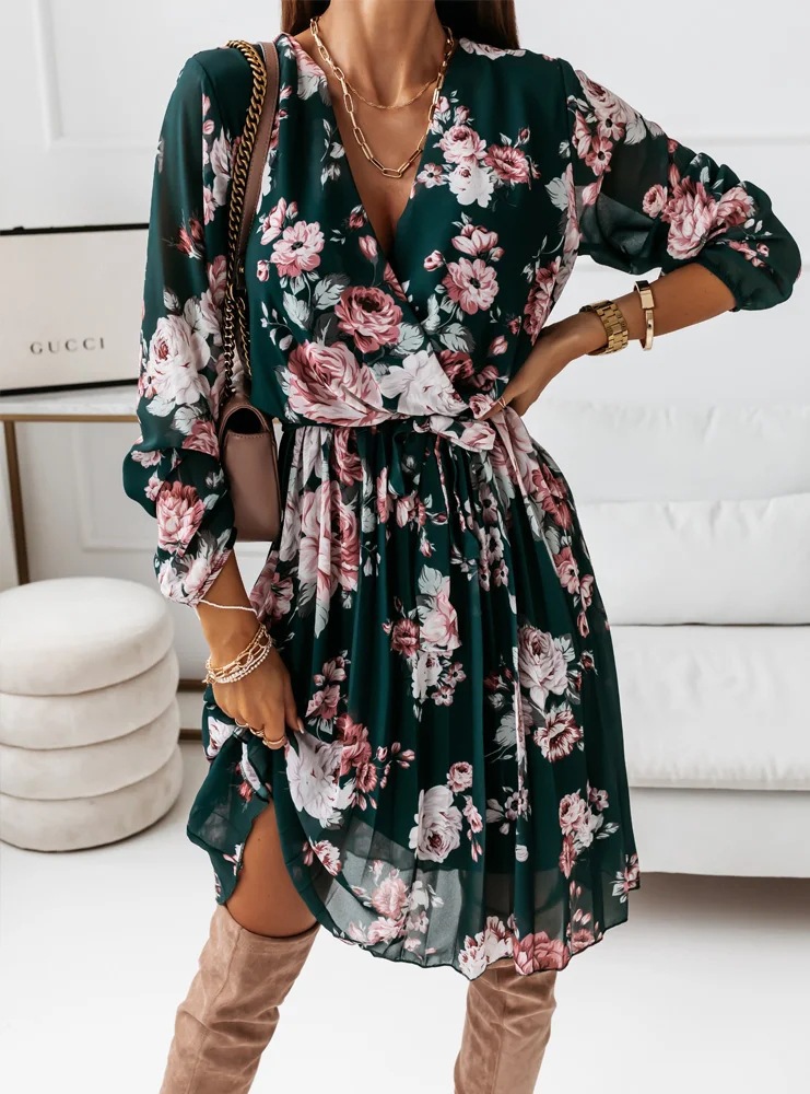 Chiffon Long Sleeve Printed Pleated Dress Elegant Design Lightweight Fabric Versatile Style Perfect for Spring and